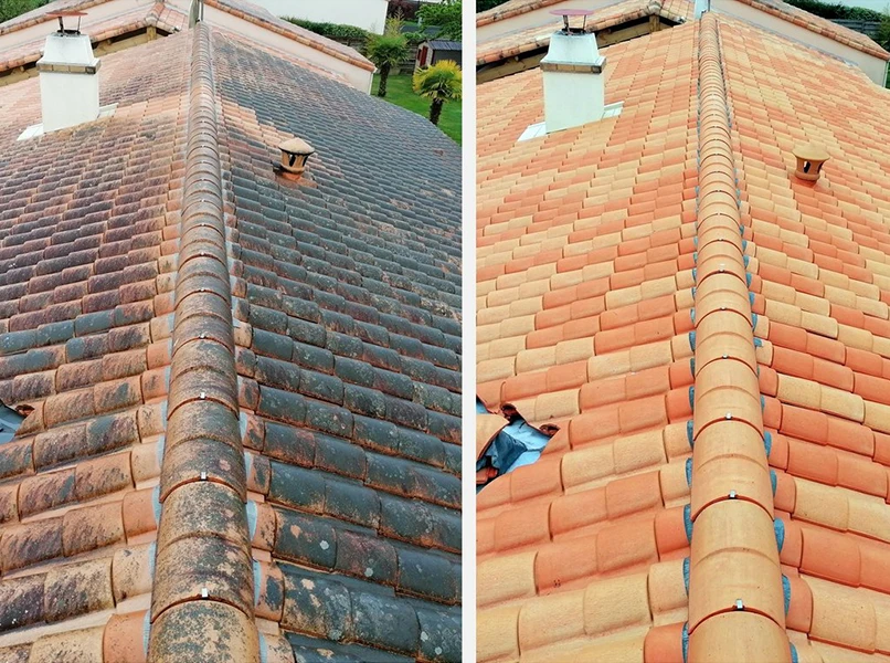 photo avant/après d'une toiture entretenue par bj toiture dans l'ouest lyonnais